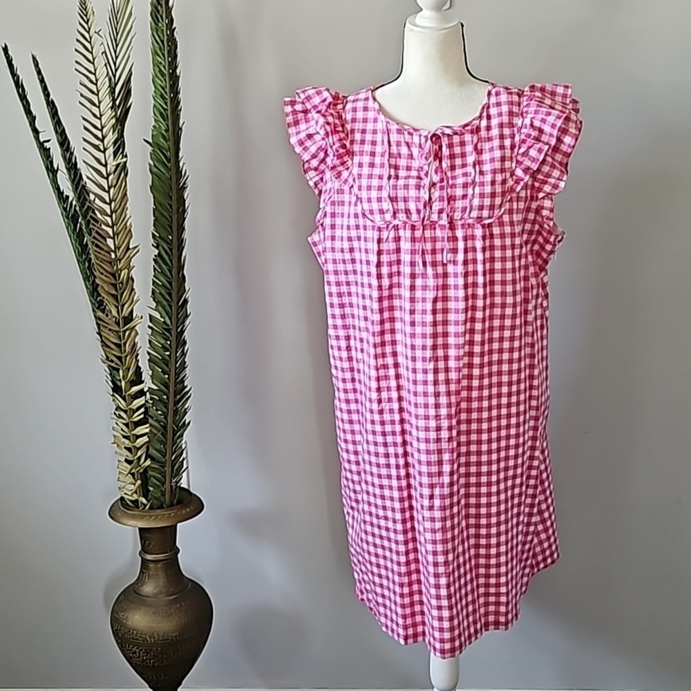J. Crew Factory Pink Gingham Dress with Tie Front and Ruffled Sleeves NWT